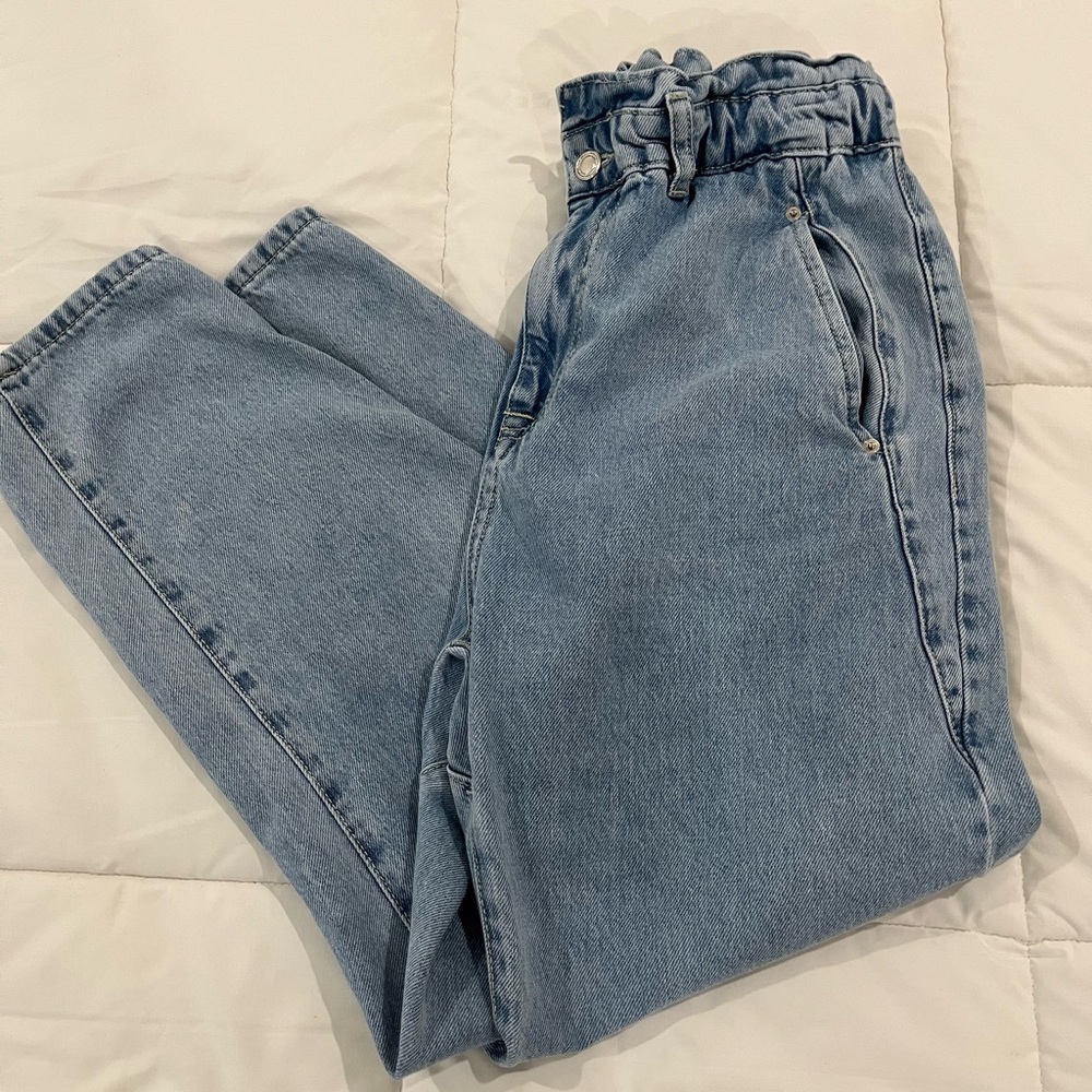 Zara Jeans Elastic Waist Baggy Fit faded blue jeans Size 6